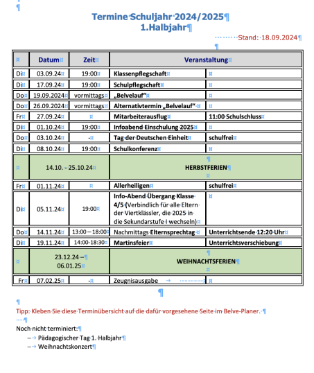 Zu sehen sind die Termin des 2. Schulhalbjahres.