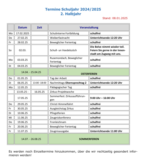 Zu sehen sind die Termin des 2. Schulhalbjahres.