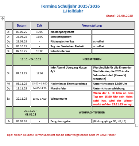 Zu sehen sind die Termin des 2. Schulhalbjahres.